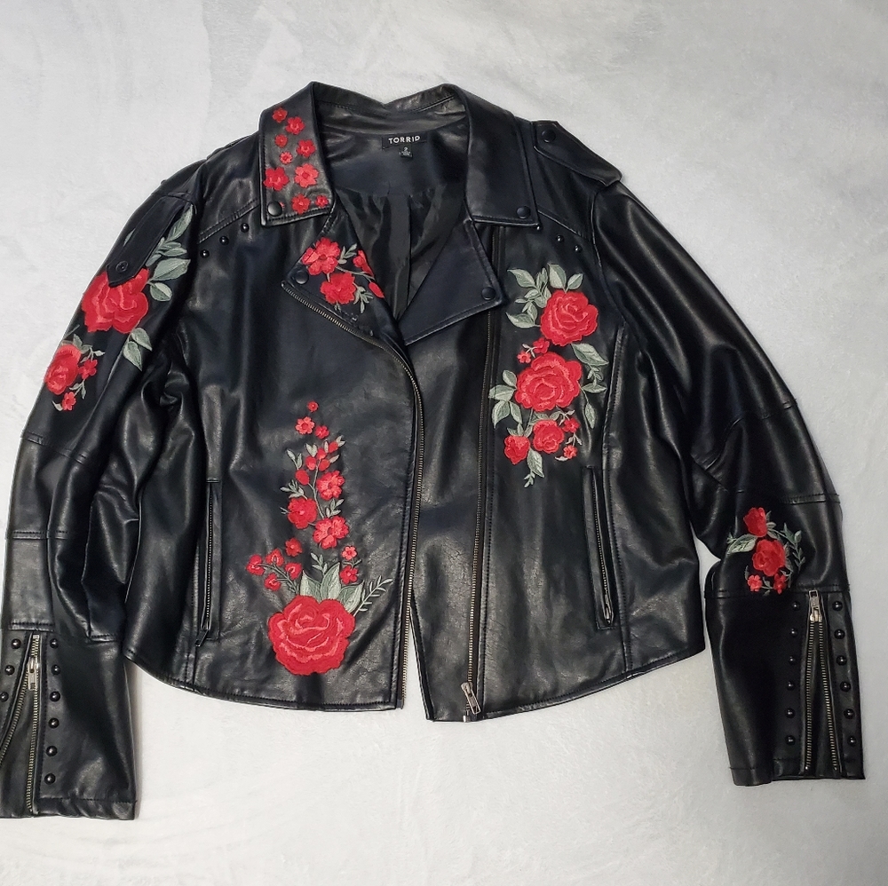 Black Faux Leather Applique Moto Jacket